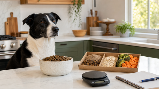 Dog beside a bowl and measured ingredients used in insect-protein dog food