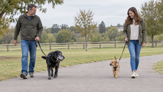 Senior black Labrador and tan puppy walking in parallel with separate handlers on neutral ground