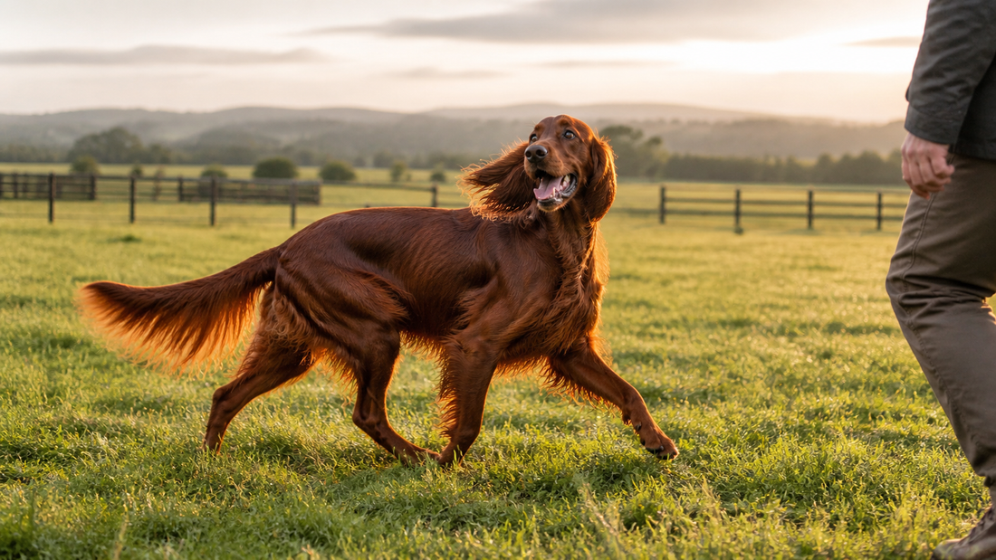 Adult Irish Setter trotting through a securely fenced American meadow beside its owner