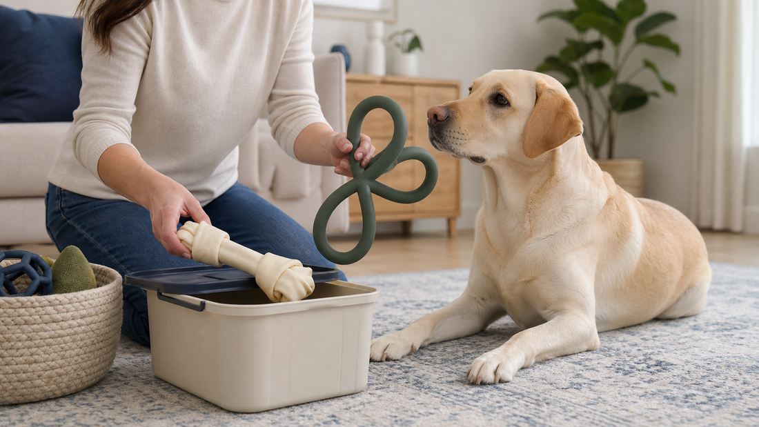 Labrador watching an owner store a knotted rawhide chew and offer a large flexible enrichment toy