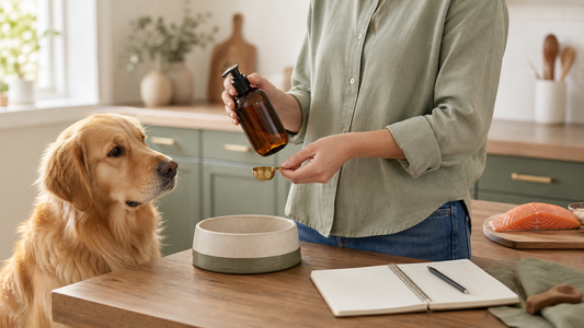 Golden Retriever beside a measured meal while an owner checks an unbranded bottle of salmon oil and a serving spoon