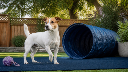 Jack Russell Terrier beside a navy agility tunnel in a secure backyard