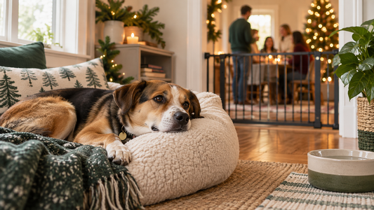 Relaxed dog resting in a quiet room while an American family holiday gathering continues nearby