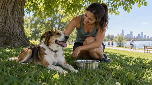 Dog resting in deep shade beside fresh water during a warm American summer day