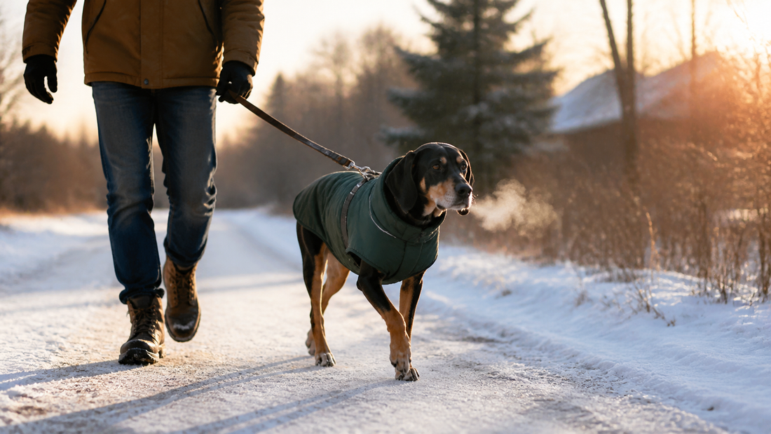 Senior black-and-tan hound in a green insulated coat walking on a snowy trail