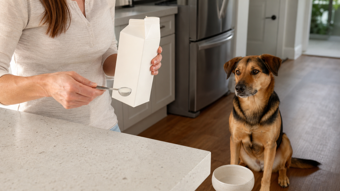 Owner measuring a tiny serving from an unbranded plain kefir carton while a dog waits in an American kitchen