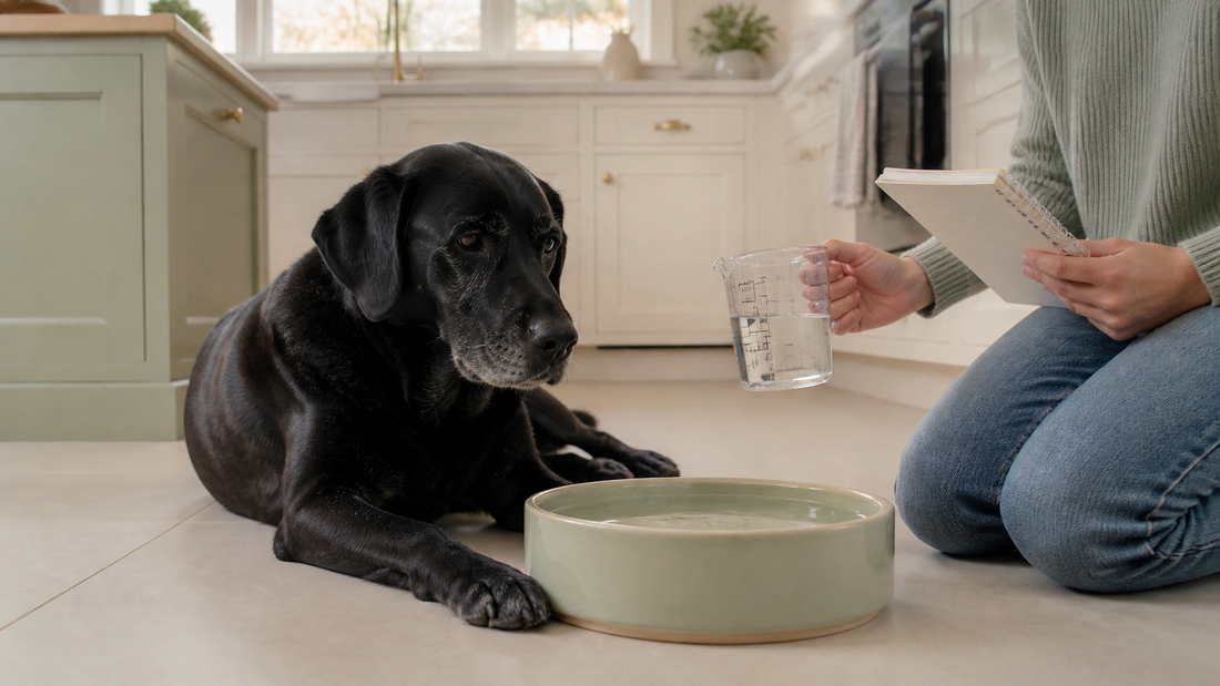 Senior Labrador beside a fresh water bowl while an owner tracks drinking changes