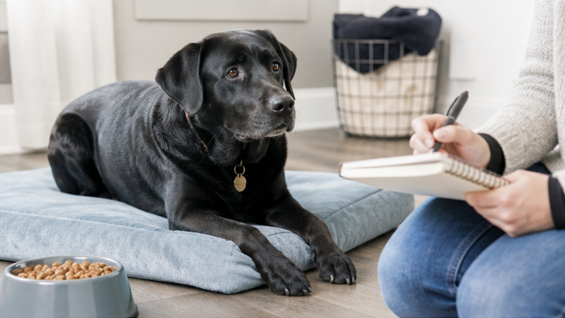 Black Labrador resting on a pale blue mat while its owner records diet notes