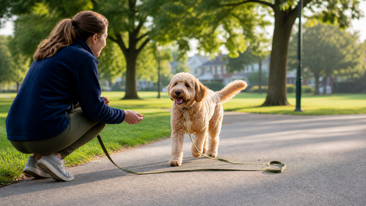 Owner practicing a cheerful recall with a wavy-coated Labradoodle in a spacious American neighborhood park