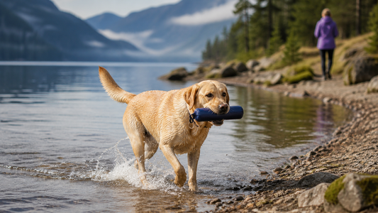 Yellow Labrador Retriever carrying a navy retrieving dummy from a mountain lake