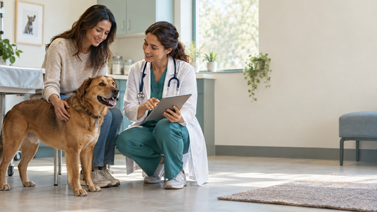 Dog and owner discussing recurring digestive signs with a veterinarian in a modern American clinic