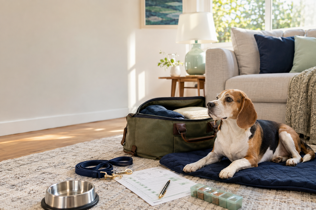 Tricolor beagle resting beside a packed dog care kit before an owner travels