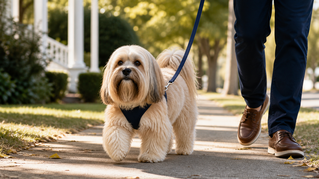 Lhasa Apso walking confidently with its owner on a tree-lined American neighborhood sidewalk