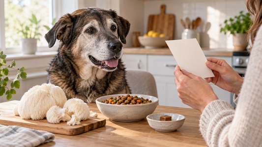 Senior dog beside Lion's Mane mushrooms a measured meal and a blank ingredient card