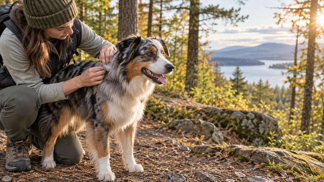 Dog owner checking a Labrador for ticks after a wooded trail walk