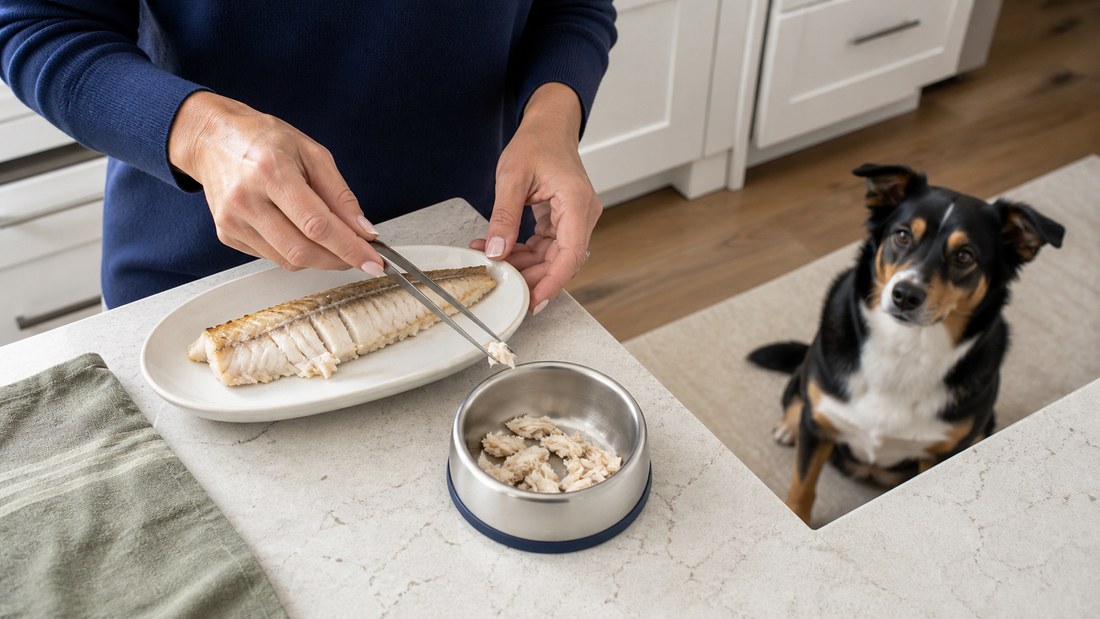 Owner checking and portioning plain cooked mackerel into a measured dog bowl while a dog waits calmly