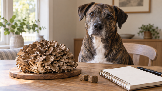 Adult brindle dog beside a Maitake mushroom two plain dog supplement chews and a blank research notebook
