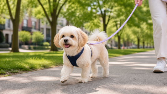 Cream Maltipom walking in a navy harness on a lilac leash through a city park