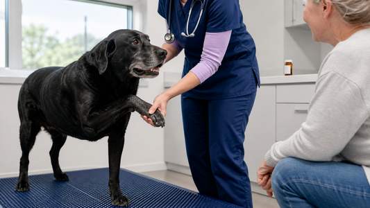 Senior black Labrador receiving a joint examination in a veterinary clinic