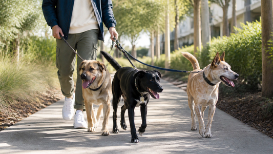 Owner walking three different adult mixed-breed dogs on a sunny neighborhood greenway