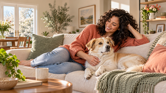 Dog mom enjoying a relaxed Mother's Day morning with her dog in a bright American home