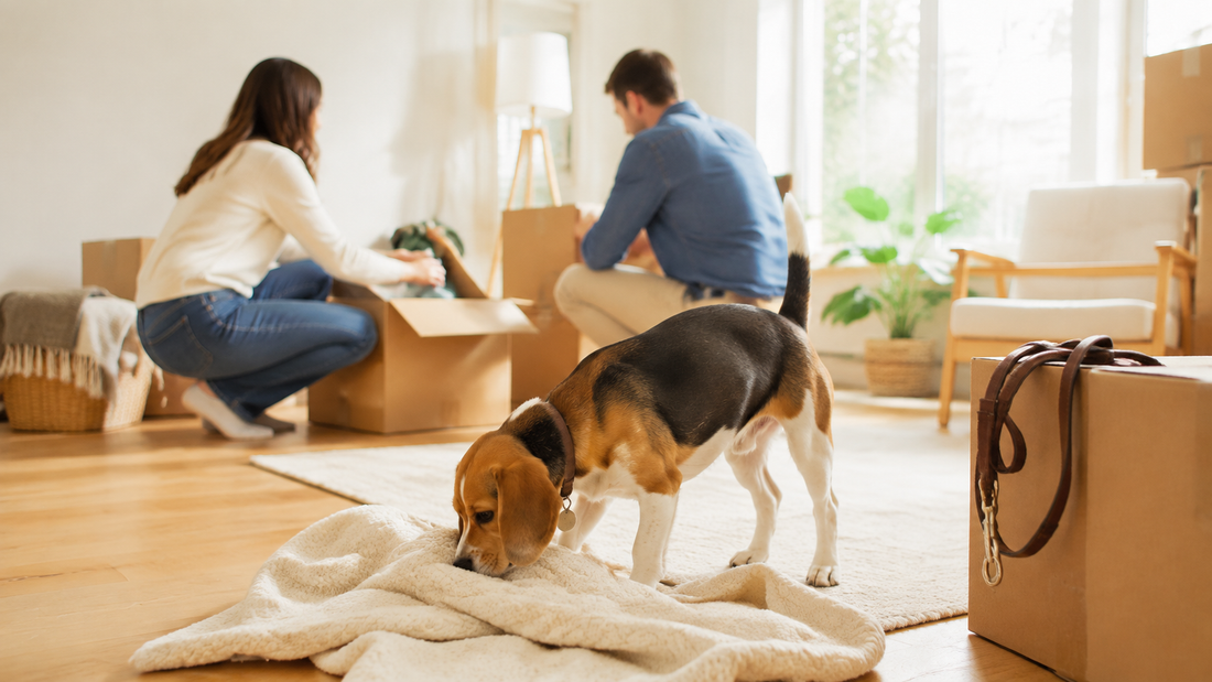 Couple unpacking boxes while a beagle explores a familiar blanket in a new home