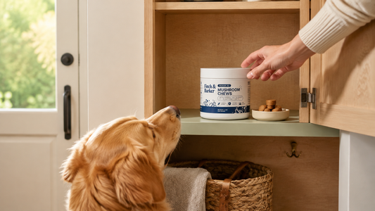Adult golden retriever waiting as an owner reaches for Finch and Barker Mushroom Chews in a cabinet