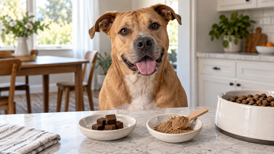 Adult tan dog beside separate dishes of plain mushroom chews and measured mushroom powder