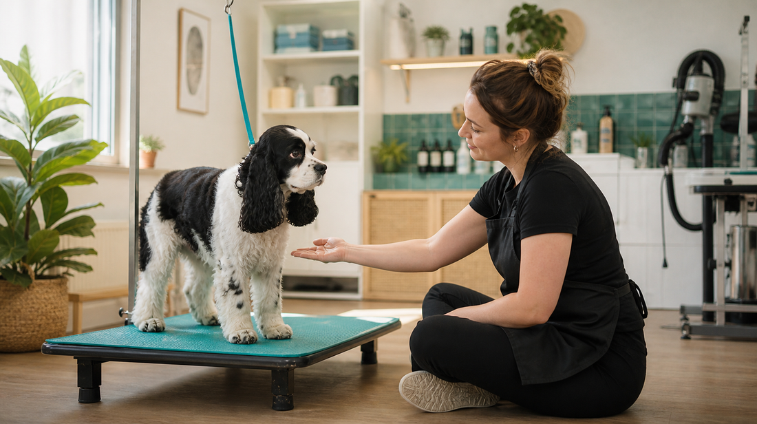 Black-and-white cocker spaniel meeting a seated groomer beside a low teal grooming platform