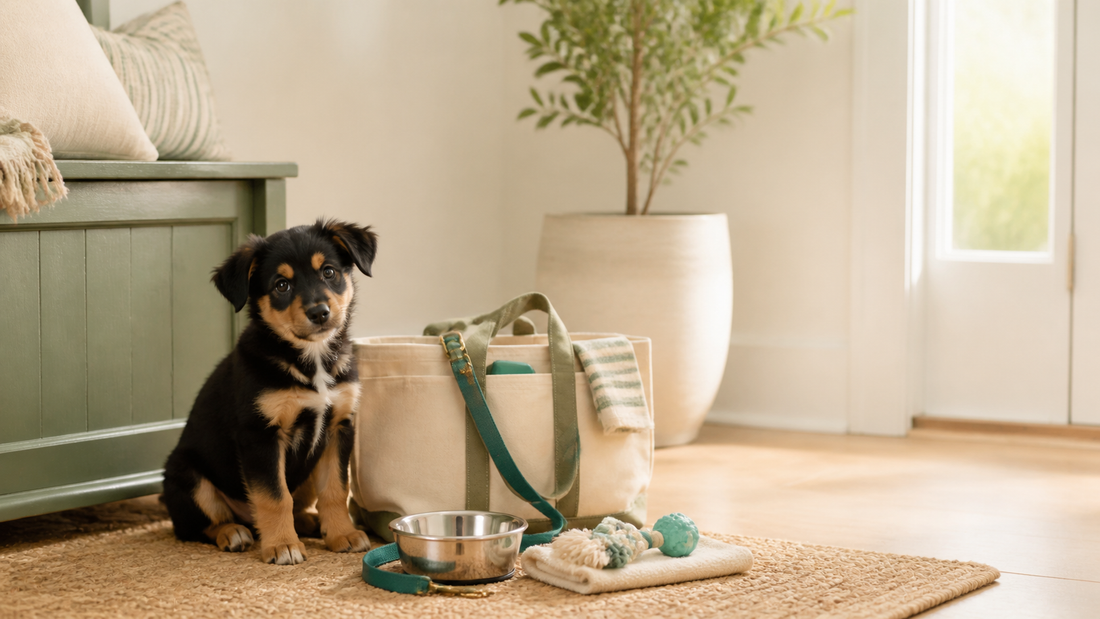 Black-and-tan puppy beside essential supplies in a bright entryway