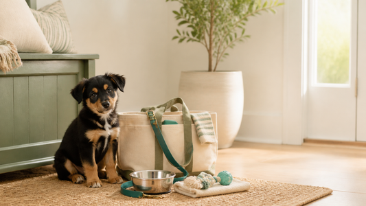 Black-and-tan puppy beside essential supplies in a bright entryway