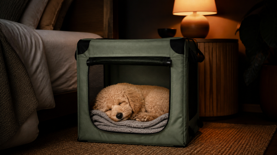Sleeping puppy in a safe bedside crate on its first night home