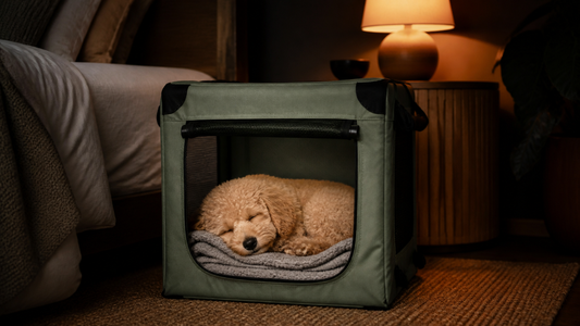 Sleeping puppy in a safe bedside crate on its first night home