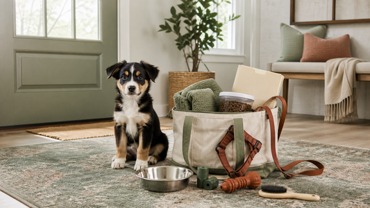 New puppy beside a prepared puppy pack with records, food, blanket, leash and grooming supplies