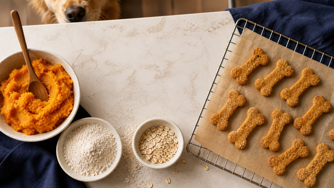 Oat and sweet potato dog biscuits cooling beside measured ingredients