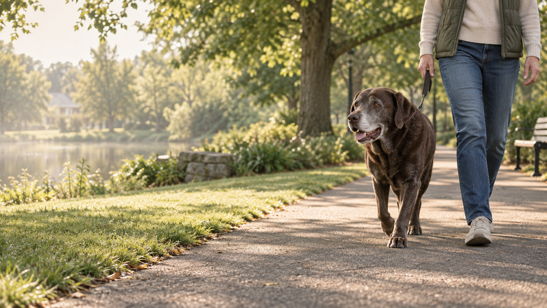 Senior mixed-breed dog walking comfortably beside an owner on a neighborhood path