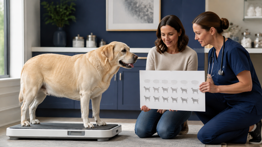 Labrador on a veterinary scale while its owner and veterinarian review body condition