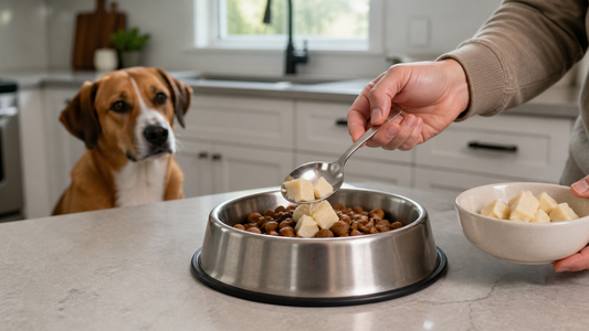 Owner placing a few plain steamed parsnip cubes beside a dog's complete meal in an American kitchen