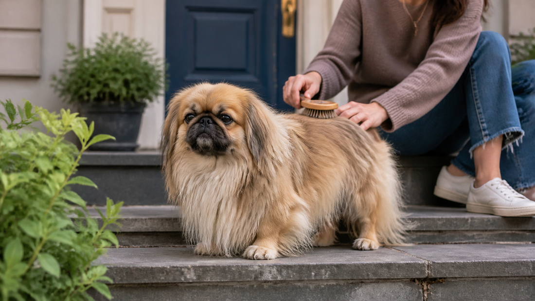 Owner gently brushing a Pekingese on the shaded stoop of an American townhouse