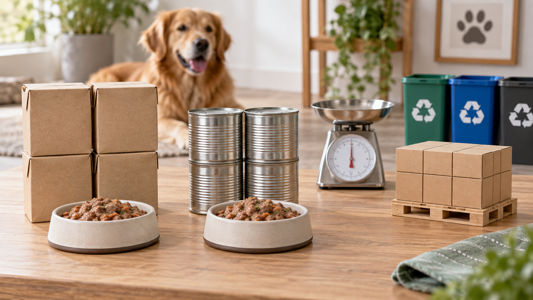 Unbranded pet food cartons and cans arranged for a life-cycle packaging comparison