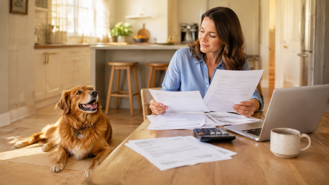 Dog owner comparing pet insurance documents at a kitchen table with a golden mixed-breed dog