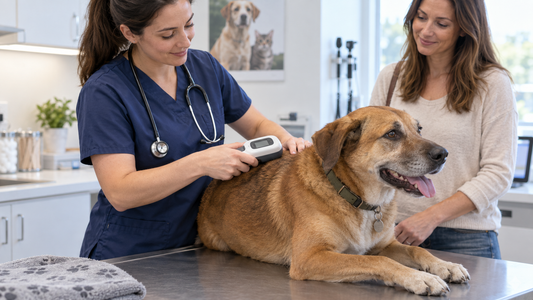 Veterinary professional scanning a relaxed dog for a microchip in a bright clinic
