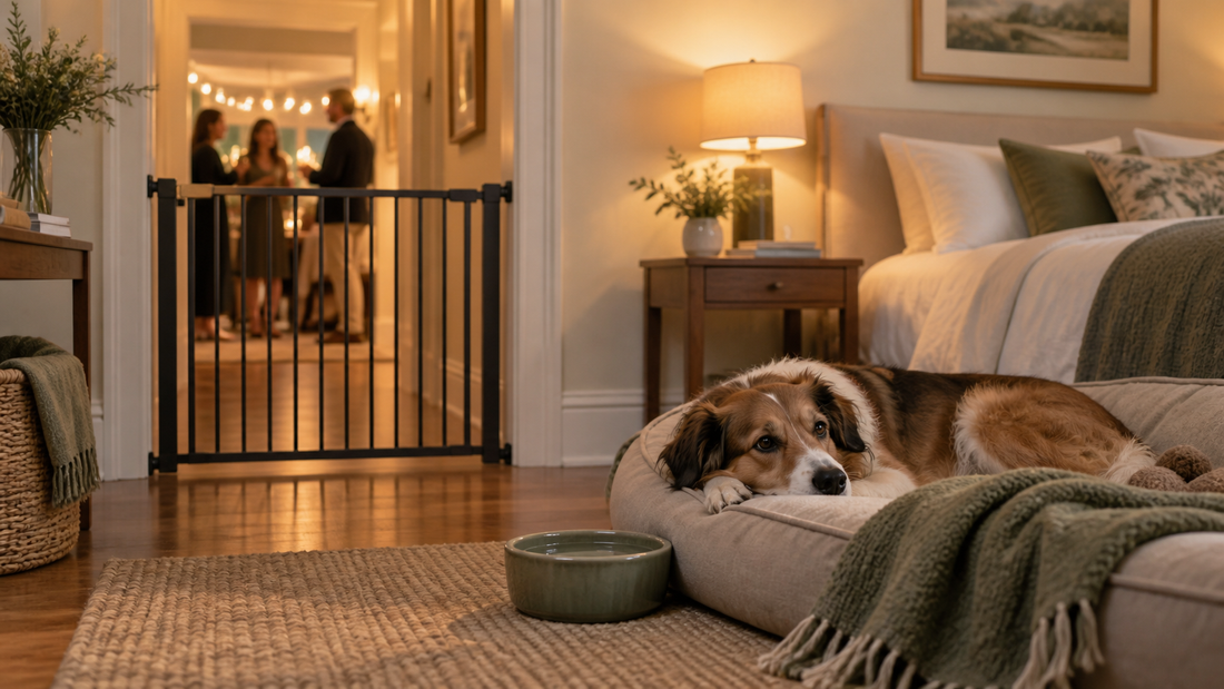 Relaxed dog resting in a quiet gated room while an American house party continues in the background