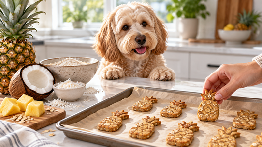 Homemade pineapple-shaped dog biscuits with fresh pineapple coconut oat flour and a cream cockapoo