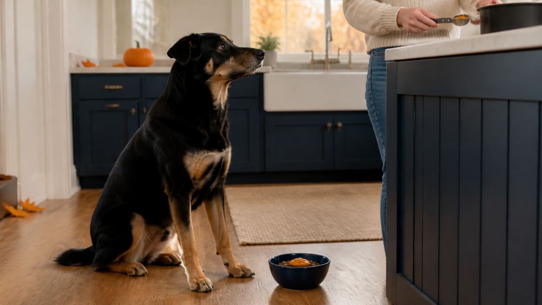 Dog waiting beside a small bowl of plain pumpkin puree in an autumn American kitchen
