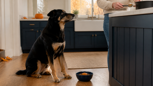 Dog waiting beside a small bowl of plain pumpkin puree in an autumn American kitchen