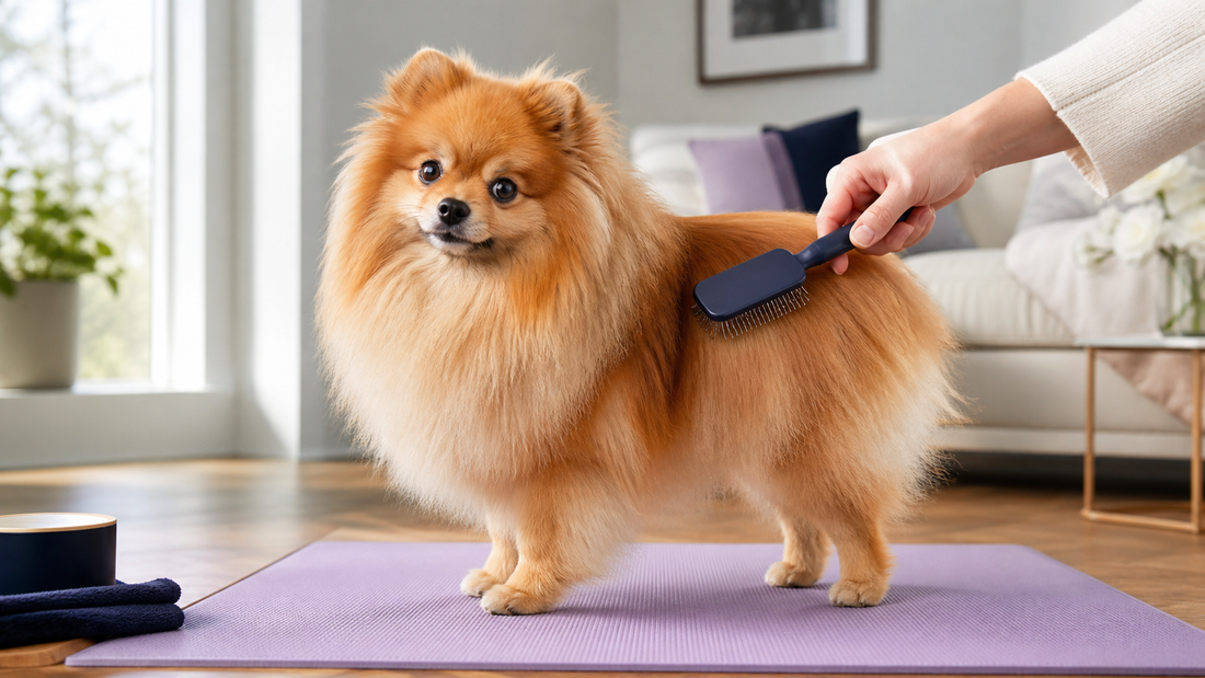 Orange sable Pomeranian standing on a lilac mat while being brushed