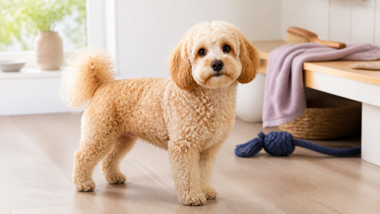 Apricot and cream Poochon in a bright home grooming area