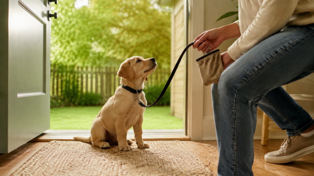 Yellow Labrador puppy waiting at an open back door while its owner clips on a leash