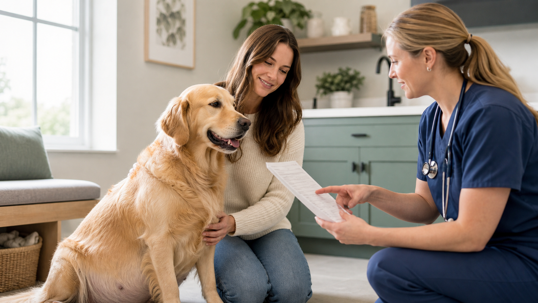 Veterinarian and owner reviewing a nutrition plan for a pregnant dog